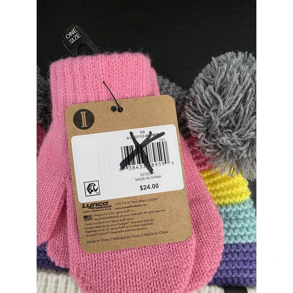 Igloos Youth Girls Rainbow Stripe Beanie‎ and Mittens Set Pink Grey OS NWT
